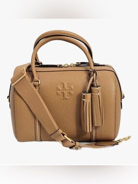 Tory Burch Tan Thea Pebble Leather Convertible Satchel Handbag with Tassels